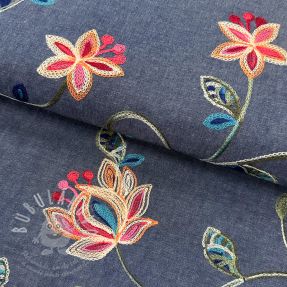 Pamutvászon JEANS EMBROIDERY Meadow border indigo