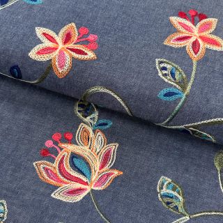 Pamutvászon JEANS EMBROIDERY Meadow border indigo