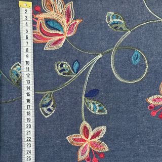 Pamutvászon JEANS EMBROIDERY Meadow border indigo