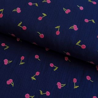 Dupla géz/muszlin EMBROIDERY Cherries navy