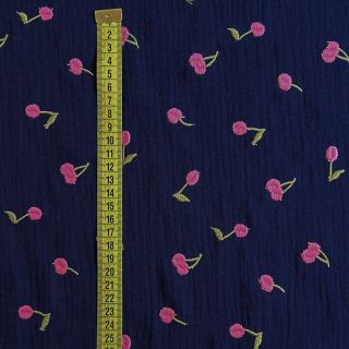 Dupla géz/muszlin EMBROIDERY Cherries navy