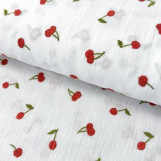 Dupla géz/muszlin EMBROIDERY Cherries white